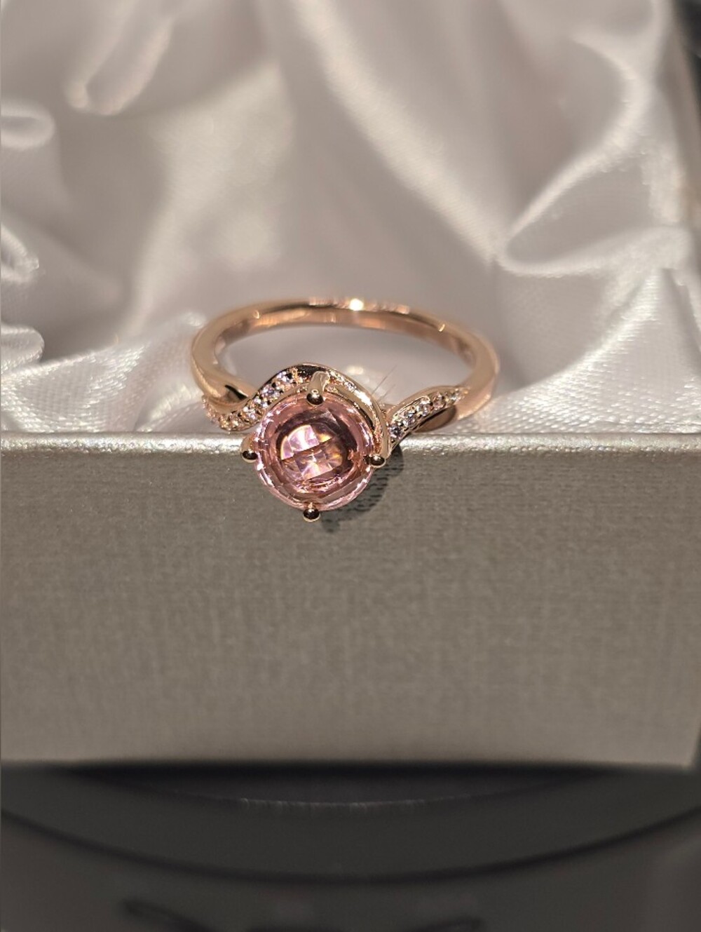 Elegant EverTrue Simulated Pink Diamond Ring in 18K RG Plated (Size 9.0)